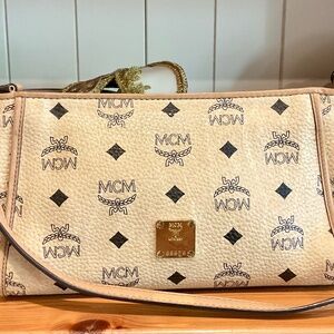 Authentic MCM Visetos Leather Crossbody Bag Beige